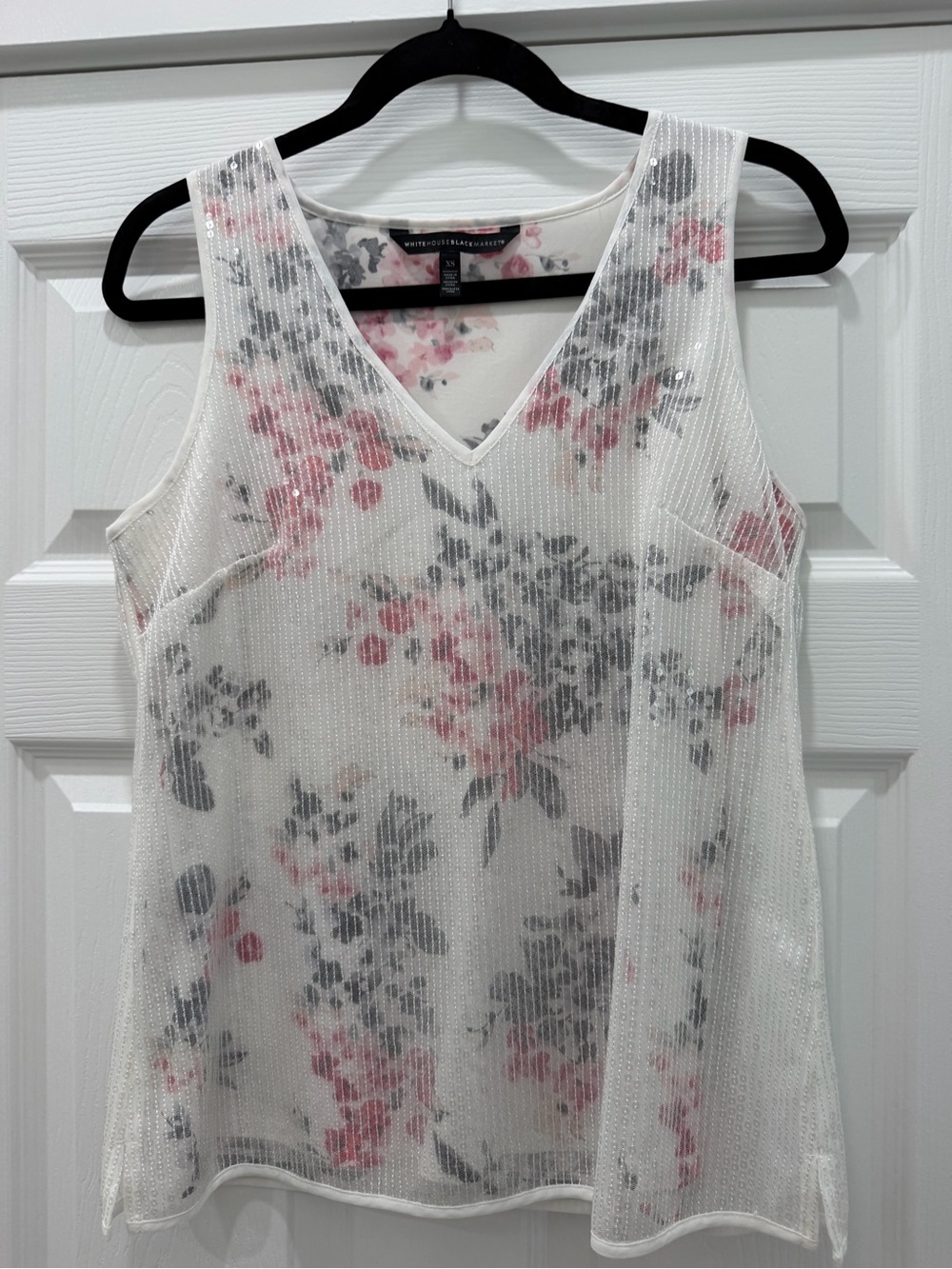 White House Black Market White Sheer Floral V-Neck Tank with Pink & Gray Accents